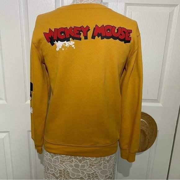 Disney Mickey Mouse Mustard Yellow Graphic Vintage Pullover Crewneck Sweatshirt - Picture 3 of 7